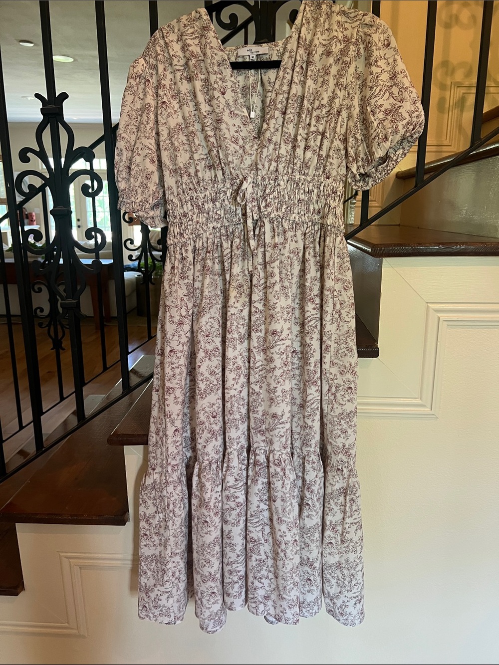 Tie-Front Midi Dress in Cream with Mauve Floral